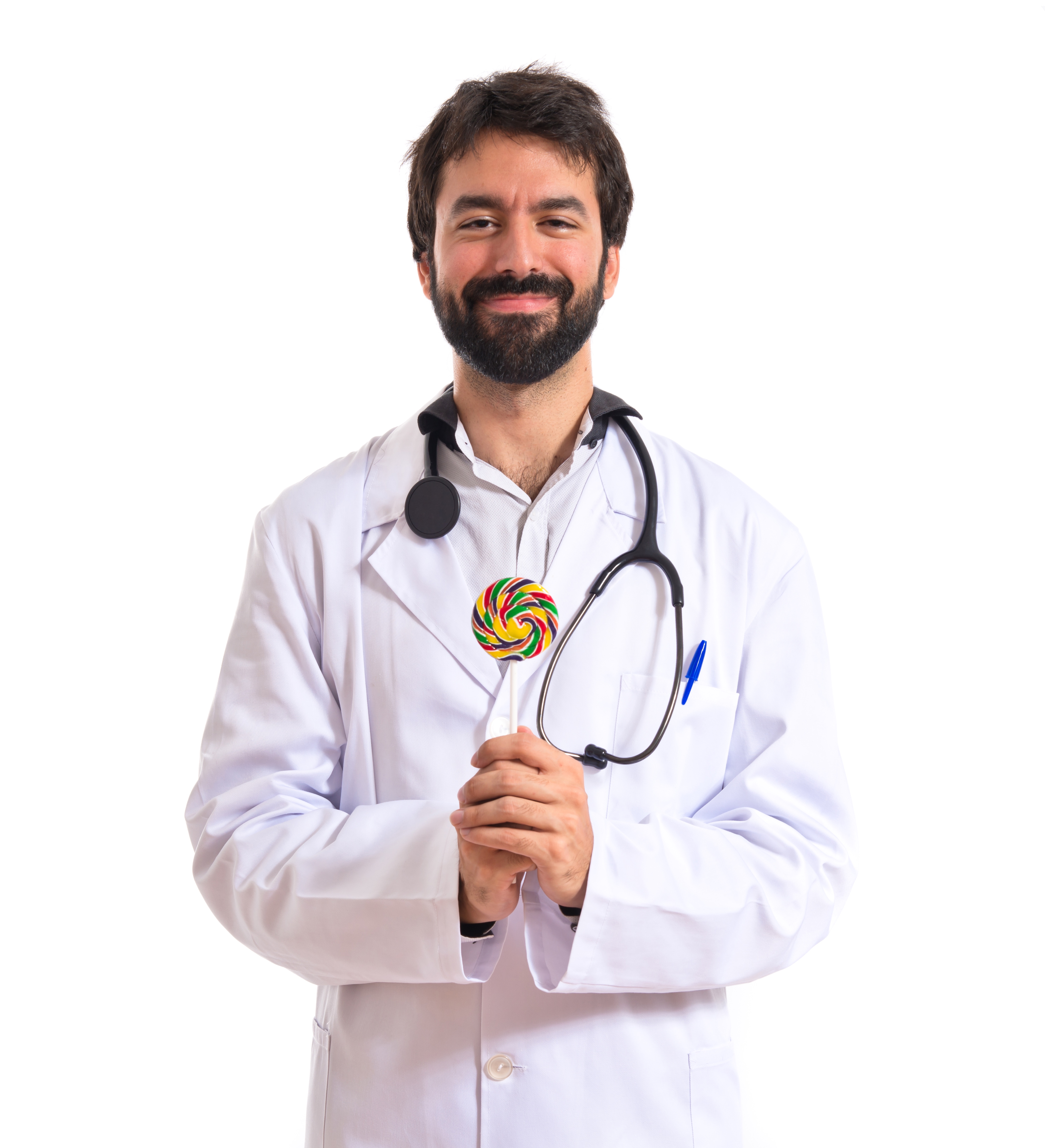 Doctor with lolly pop over white background